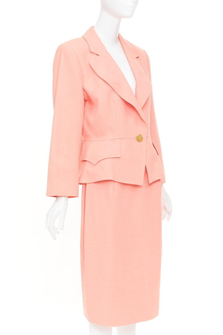 CHRISTIAN LACROIX Vintage peach single gold button wool skirt suit FR46 3XL