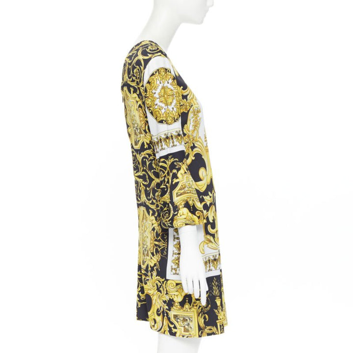 Female mannequin wearing Versace by Donatella Versace 2019 Gold Viscose Women Shift Dress in Size IT38 | Available at JHROP