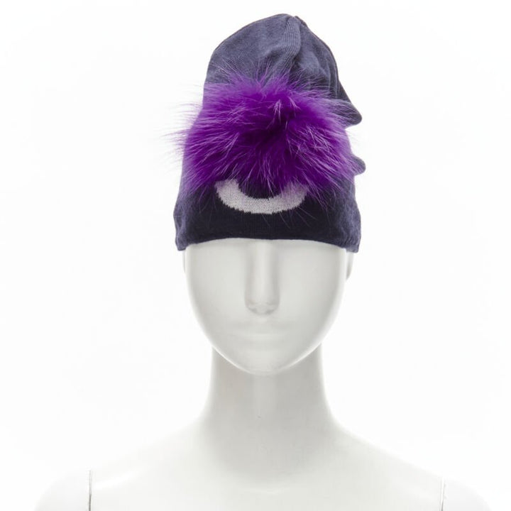 FENDI Monster Bug Eye  100% wool arctic fox fur trim navy purple beanie hat