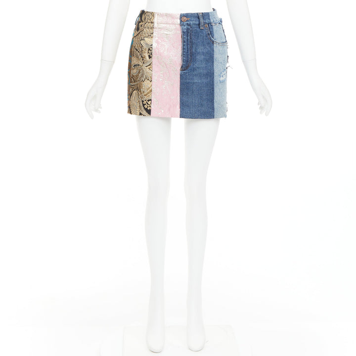 DOLCE GABBANA Denim Minirock gold blue jacquard patchwork mini skirt IT38 XS