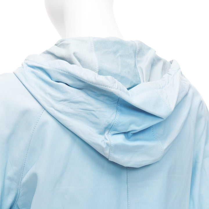 RED VALENTINO powder blue lambskin leather ruffle panel hoodie jacket IT40 S