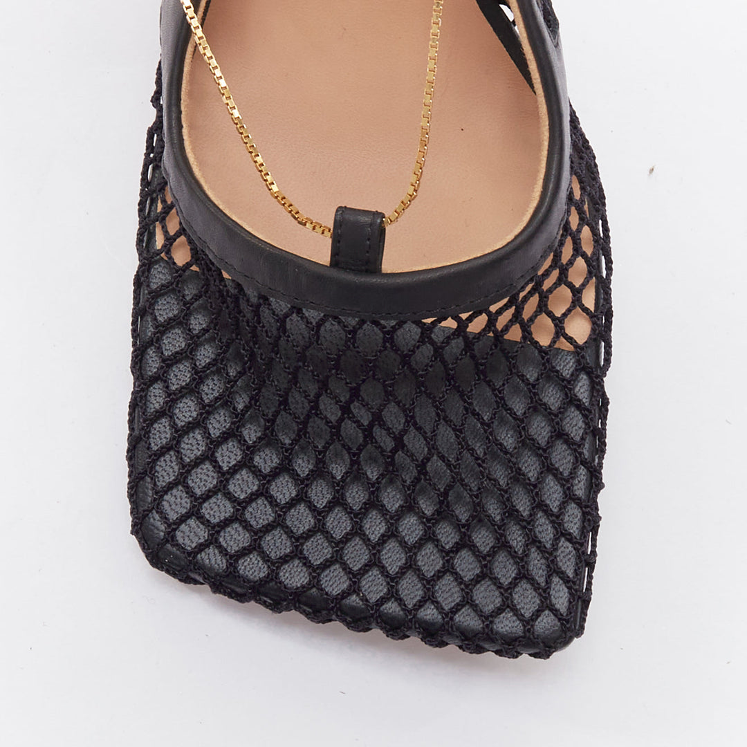 BOTTEGA VENETA Stretch black leather mesh net gold chain spool heels EU37