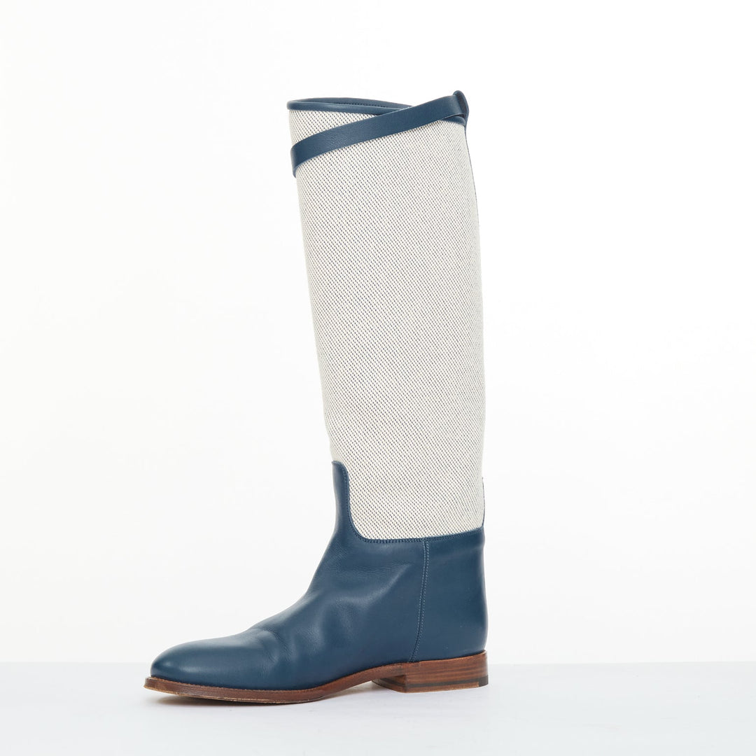 HERMES Jumping beige canvas navy blue leather Kelly buckle riding boots EU37.5