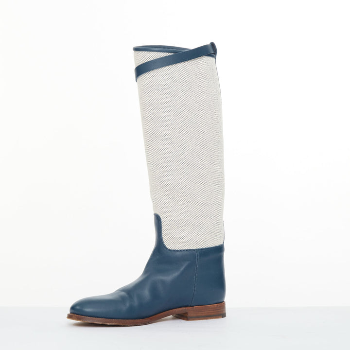 HERMES Jumping beige canvas navy blue leather Kelly buckle riding boots EU37.5