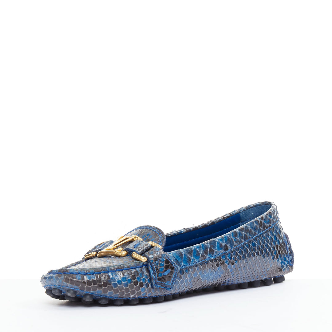 LOUIS VUITTON Dauphine blue polished snake leather gold LV logo loafers EU37