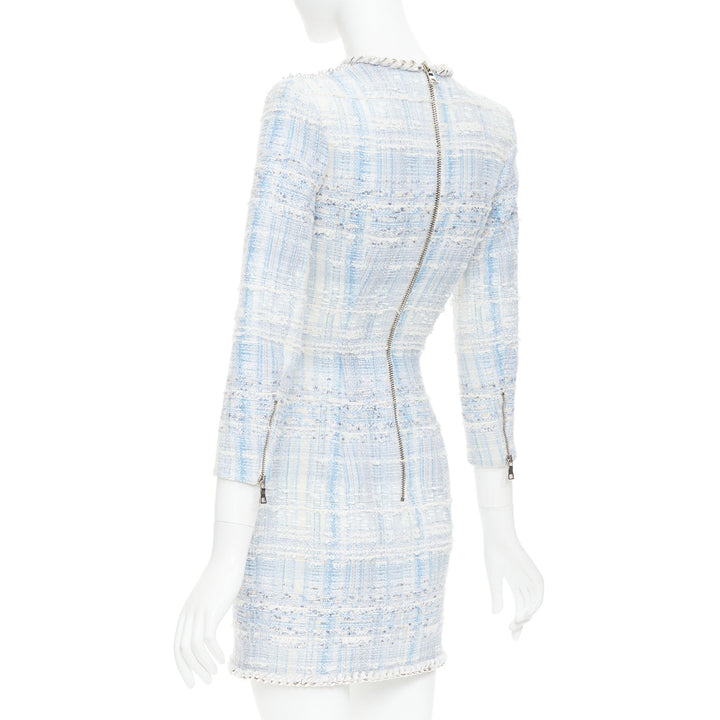 rare BALMAIN blue white tweed pearl bead embellished plunge mesh dress FR34 XS