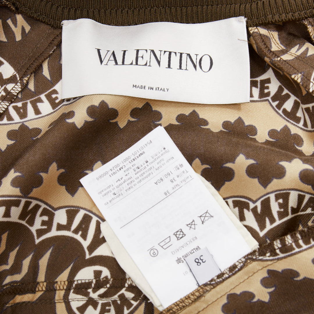 VALENTINO brown hue 100% silk logo scarf print collared track jacket IT38 XS