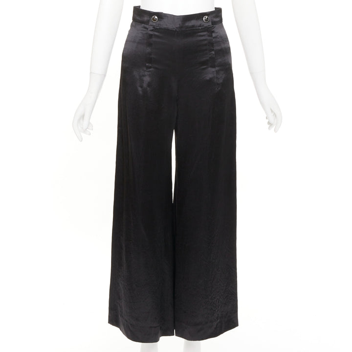 CHANEL 2021 Runway black silk wide leg cc resin button sailor trousers FR34 XS