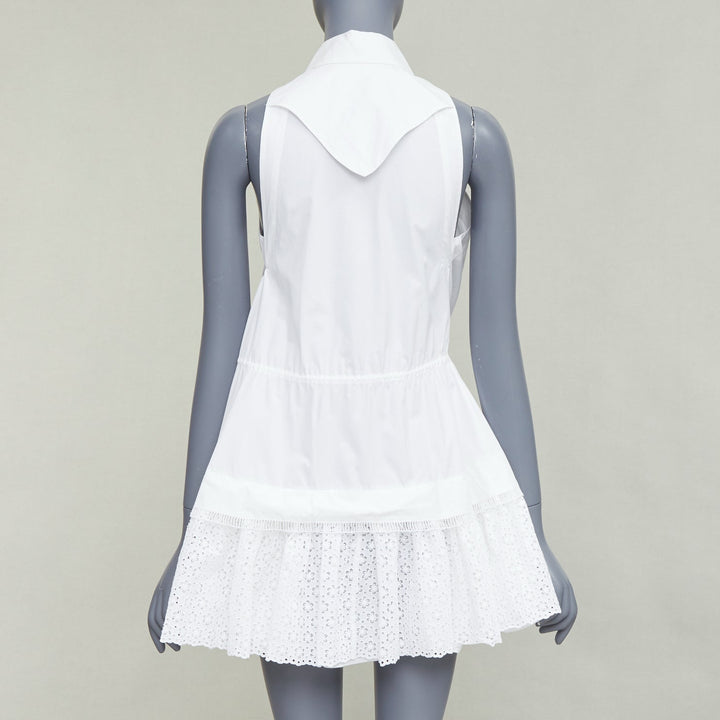 ALAIA white cotton floral eyelet drawstring tie waist tiered shirt dress FR36 S