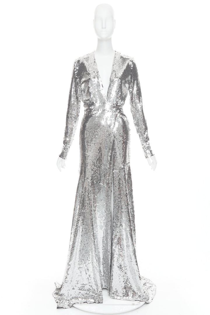 ALEXANDRE VAUTHIER COUTURE SS2015 Runway silver sequin plunge neck gown dress
