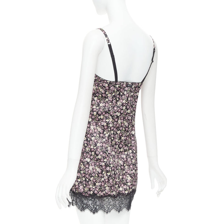 D&G DOLCE GABBANA Vintage pink green floral black bow lace trim slip dress M