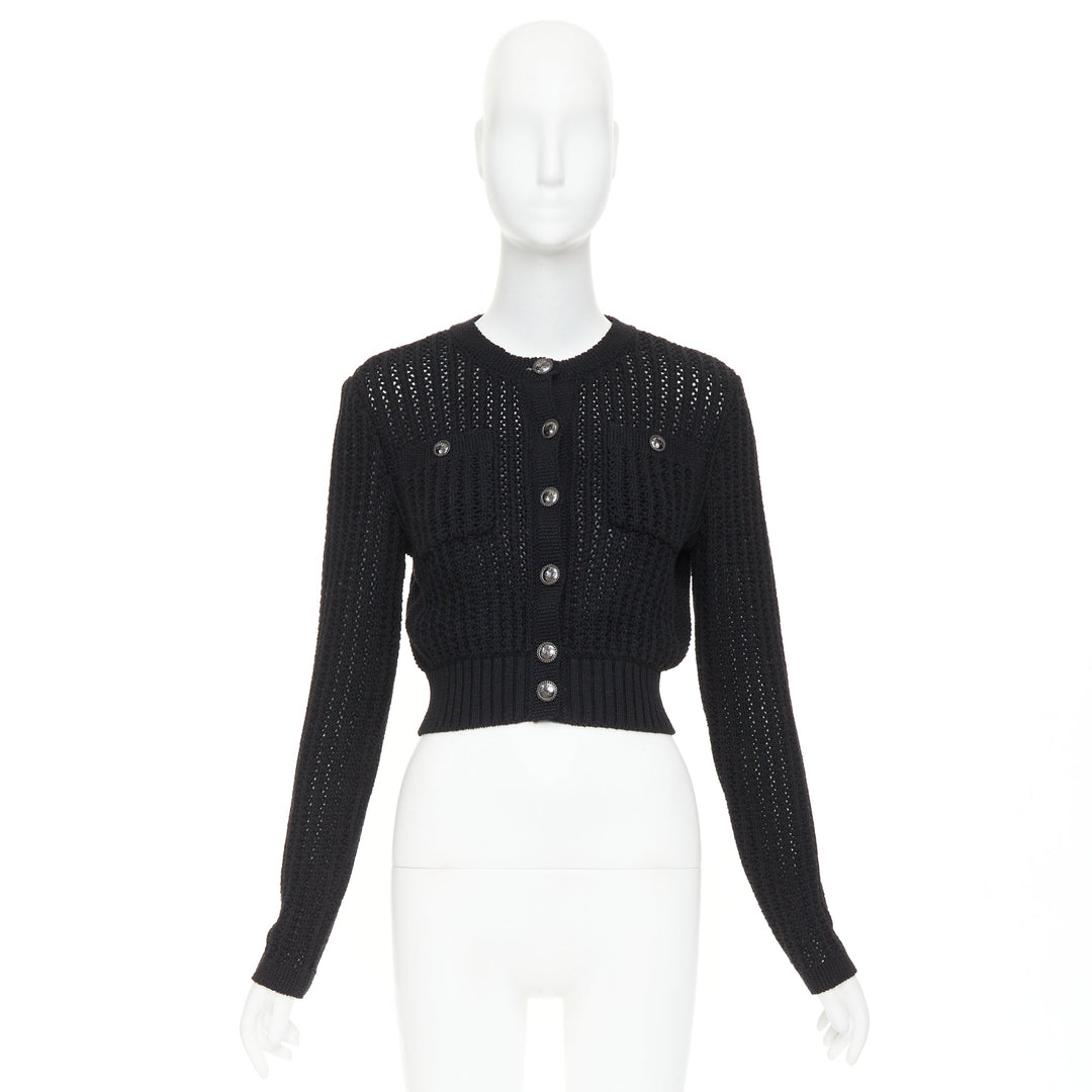 CHANEL 2019 La Pausa cotton linen CC buttons open knit cropped cardigan FR36 S