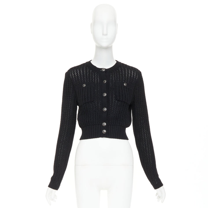 CHANEL 2019 La Pausa cotton linen CC buttons open knit cropped cardigan FR36 S