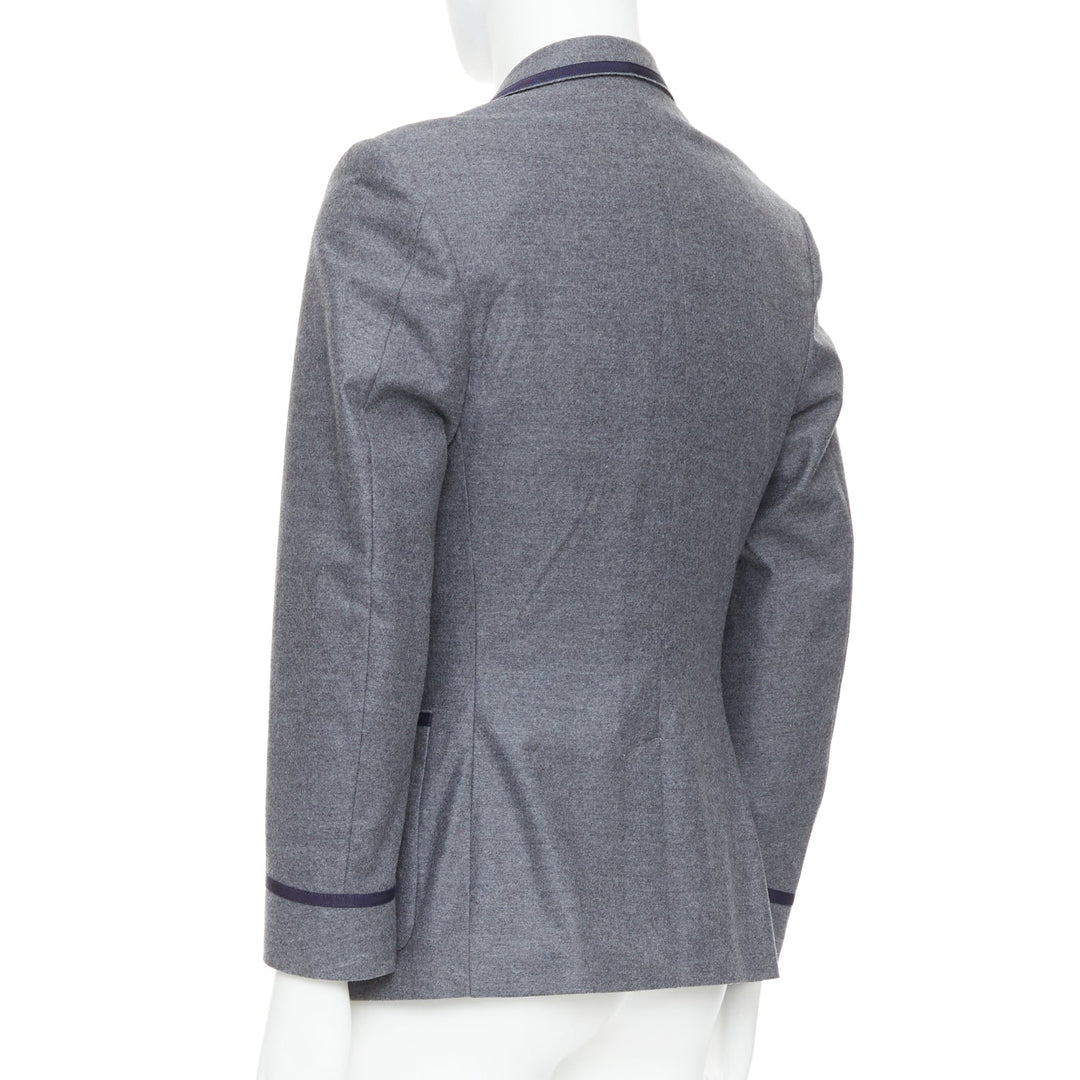 GUCCI grey wool blend navy web trim varsity emblem blazer IT52 XL