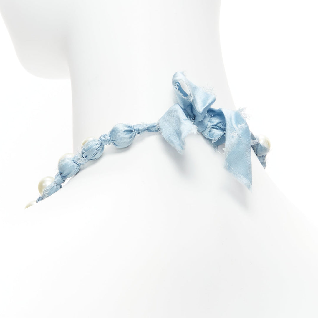 LANVIN ALBER ELBAZ cream pearl blue silk ribbon wrap long necklace