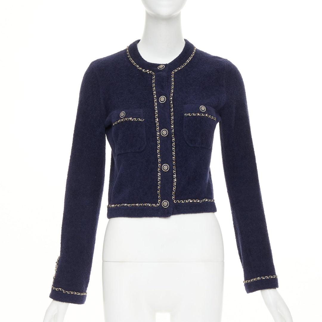 CHANEL 2020 navy cotton terry leather chain trim crop cardigan jacket FR34 XXS