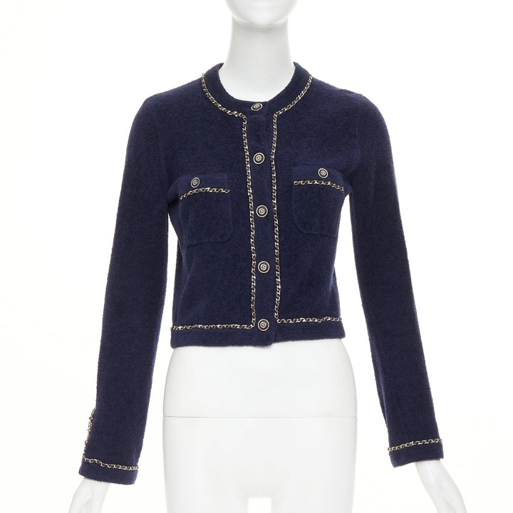 CHANEL 2020 navy cotton terry leather chain trim crop cardigan jacket FR34 XXS