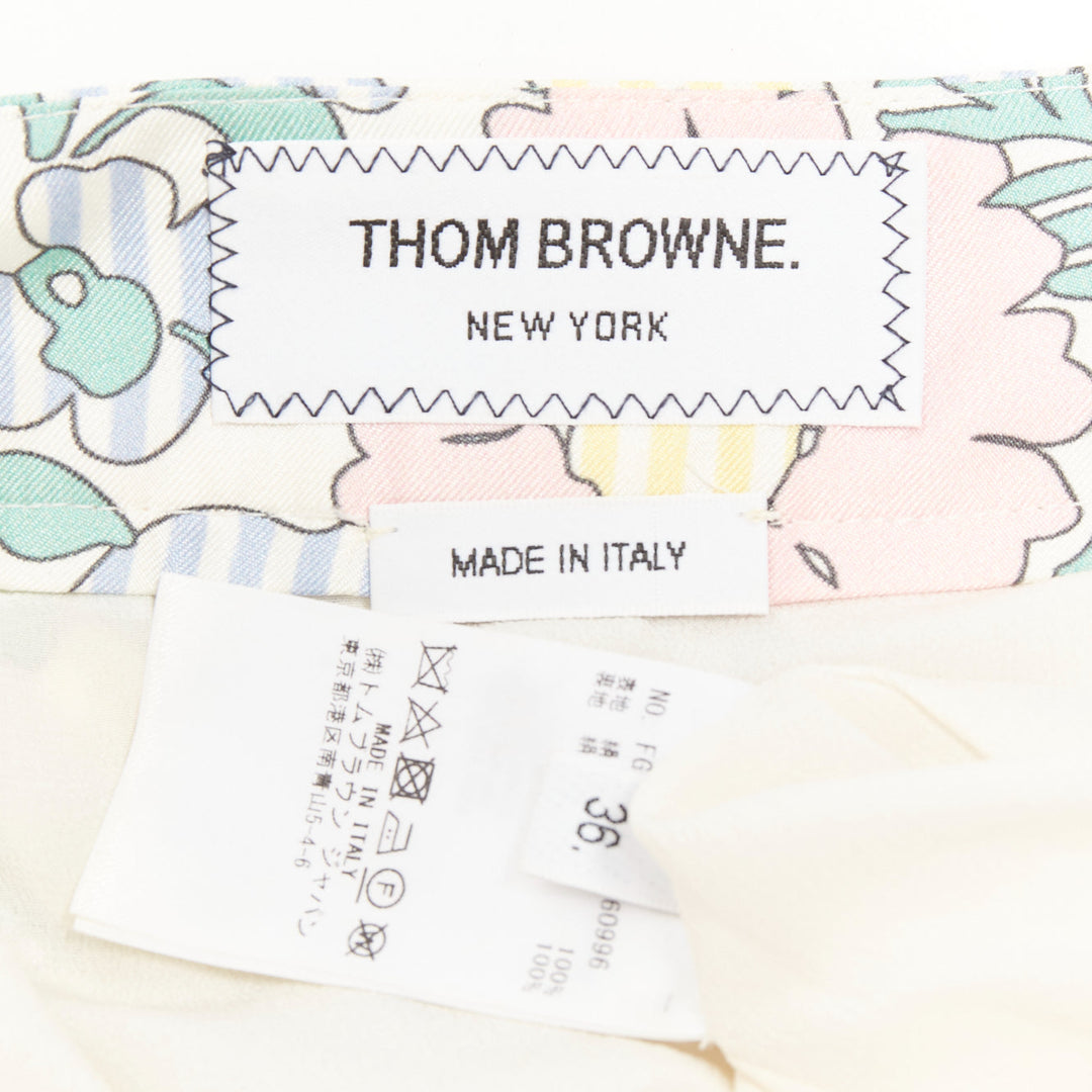 THOM BROWNE green pink yellow silk floral marine motif midi skirt IT36 XXS