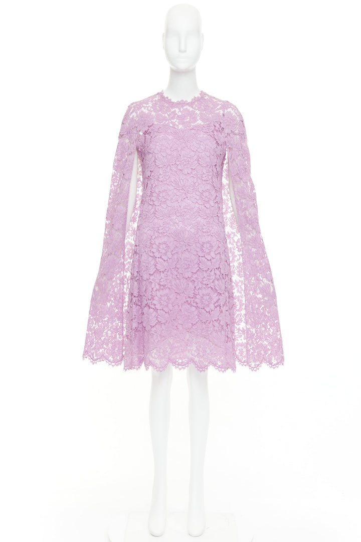 VALENTINO purple floral lace cape sleeve silk lined mini dress IT40 S