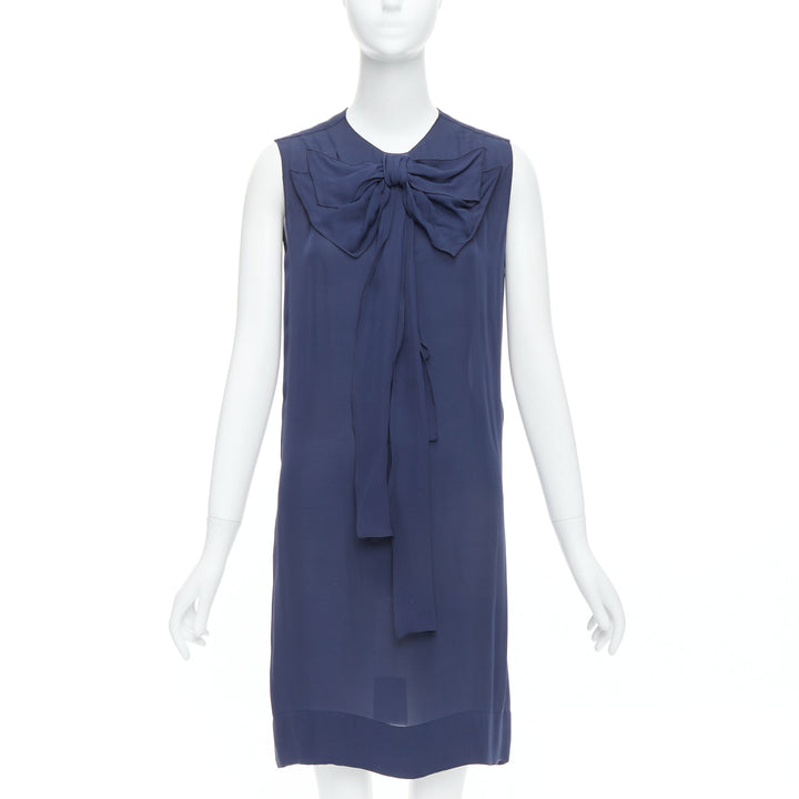 STELLA MCCARTNEY 2008 navy 100% silk bow neck shift dress IT38 XS