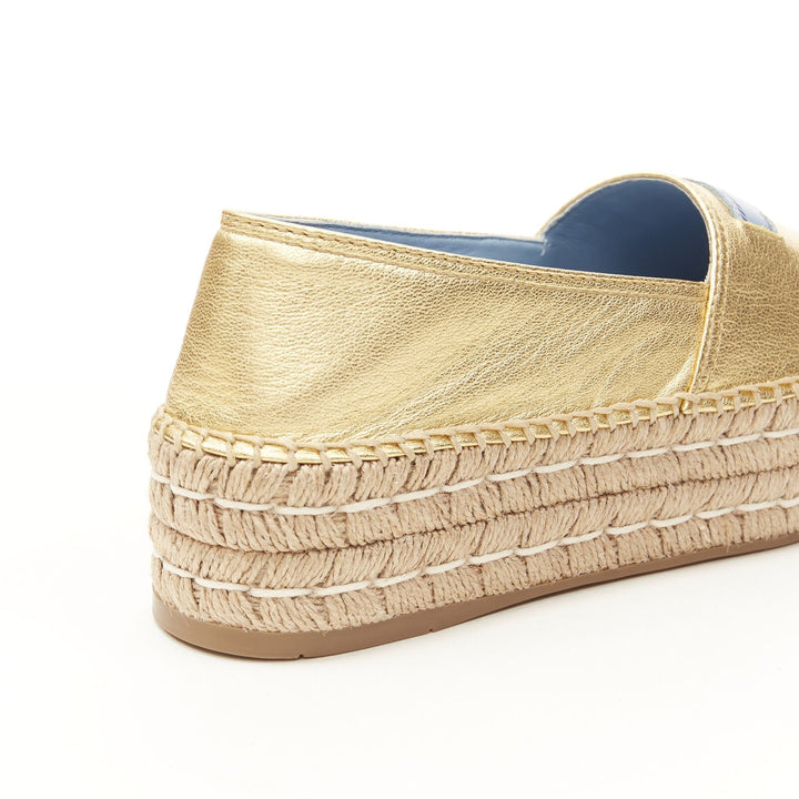 PRADA metallic gold leather logo peep toe jute platform espadrille shoe EU38