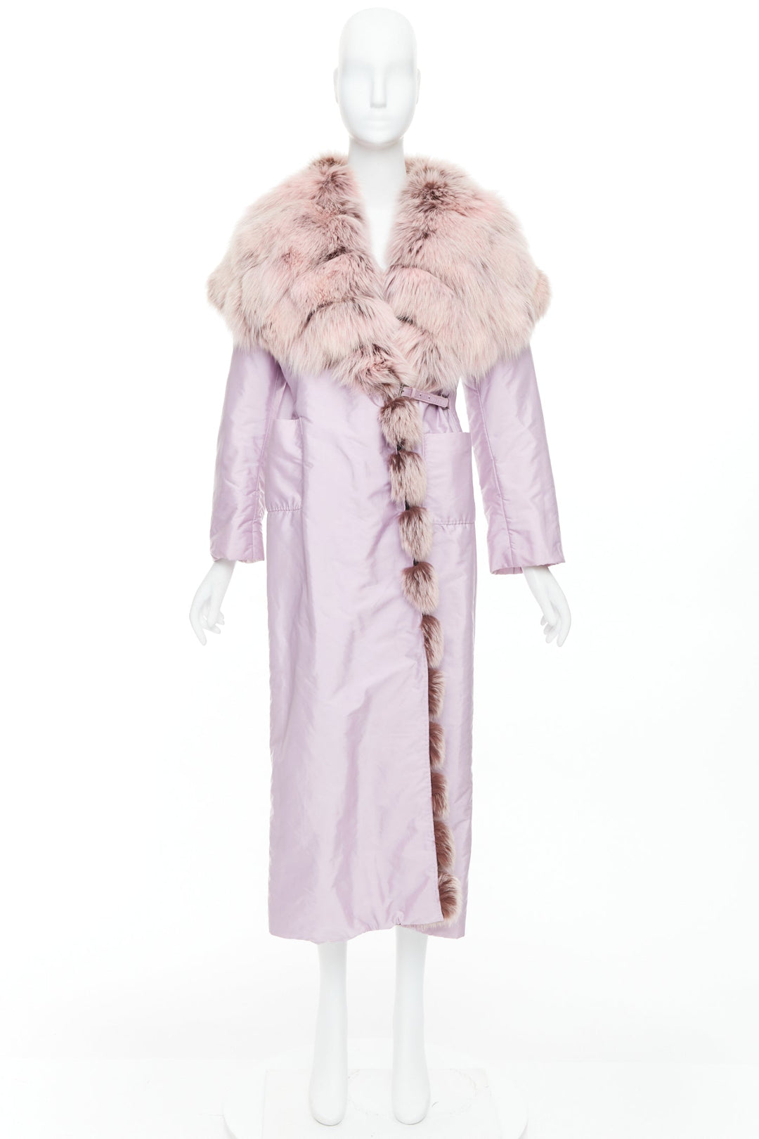 ERMANNO SCERVINO pink fur collar purple nylon wool lined robe coat IT38 XS