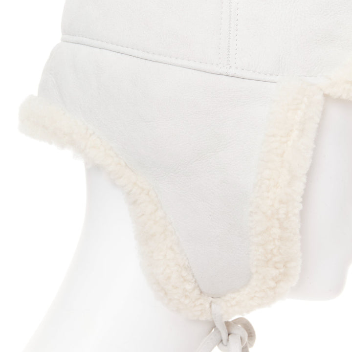 HERMES Mouton Moelluex light grey lambskin suede shearling trapper hat 56cm