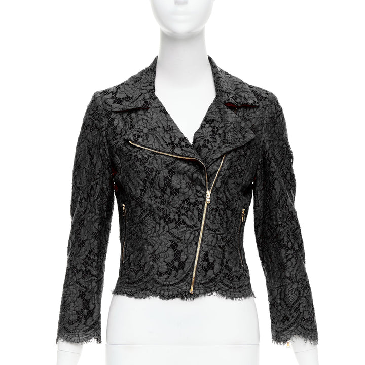 MSGM black cotton blend lace side zip cropped biker jacket IT40 S