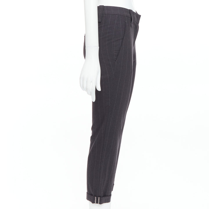 BRUNELLO CUCINELLI grey virgin wool blend pinstripe cuffed crop trousers IT38 XS
