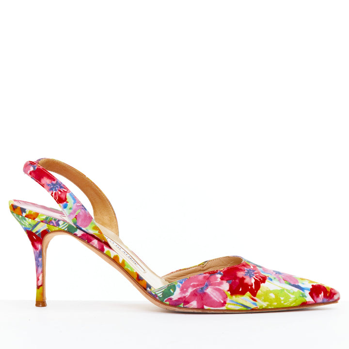 Female mannequin wearing Manolo Blahnik Multicolour Satin Women Heels in Size EU39 | Available at JHROP