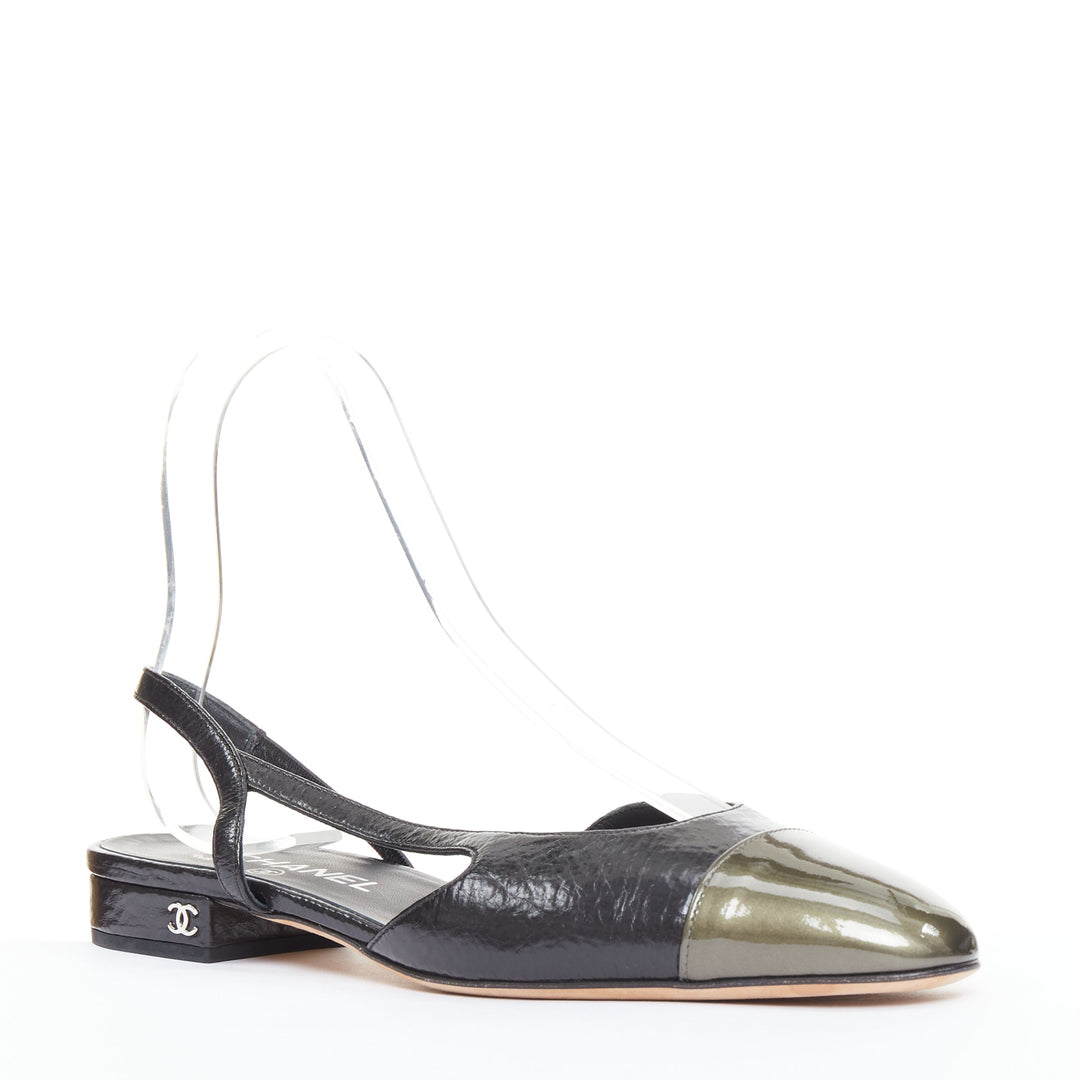 CHANEL two tone gunmetal cap toe black texture leather CC slingback flats EU38.5