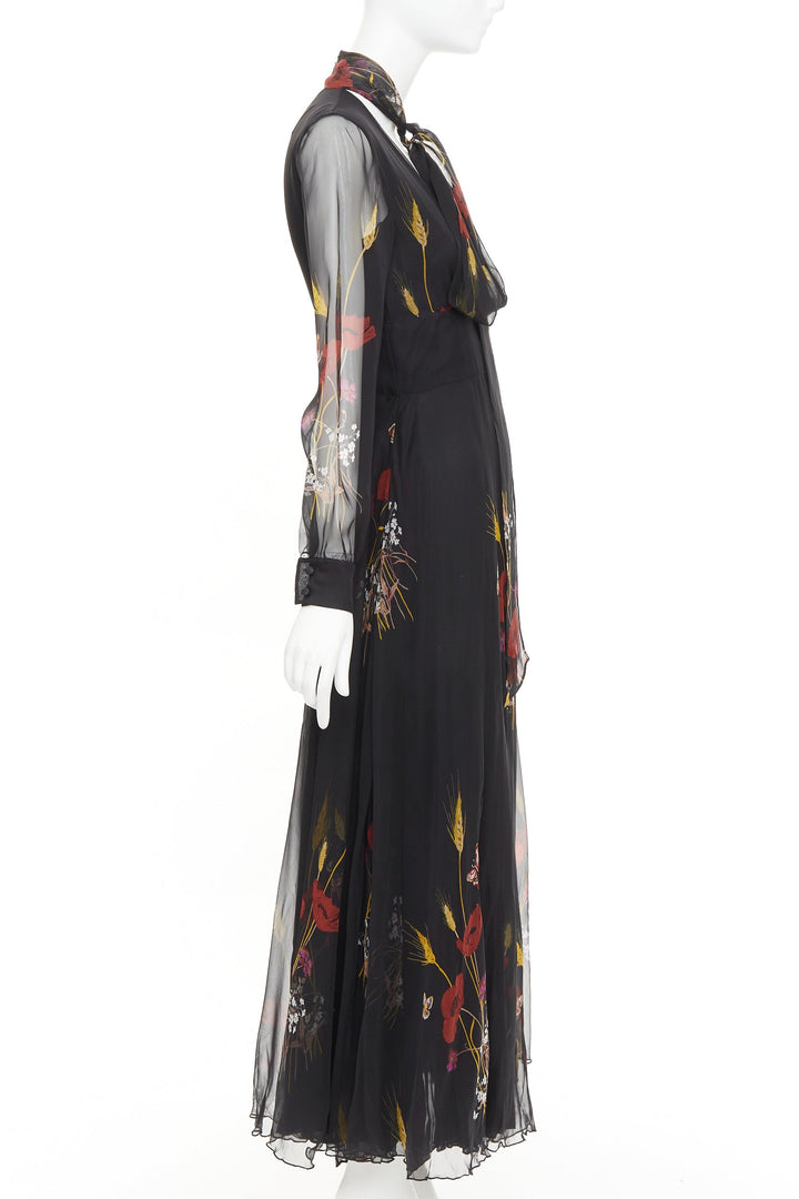 VALENTINO 2019 100% silk black Poppy Meadow chiffon tie neck midi dress IT40 S