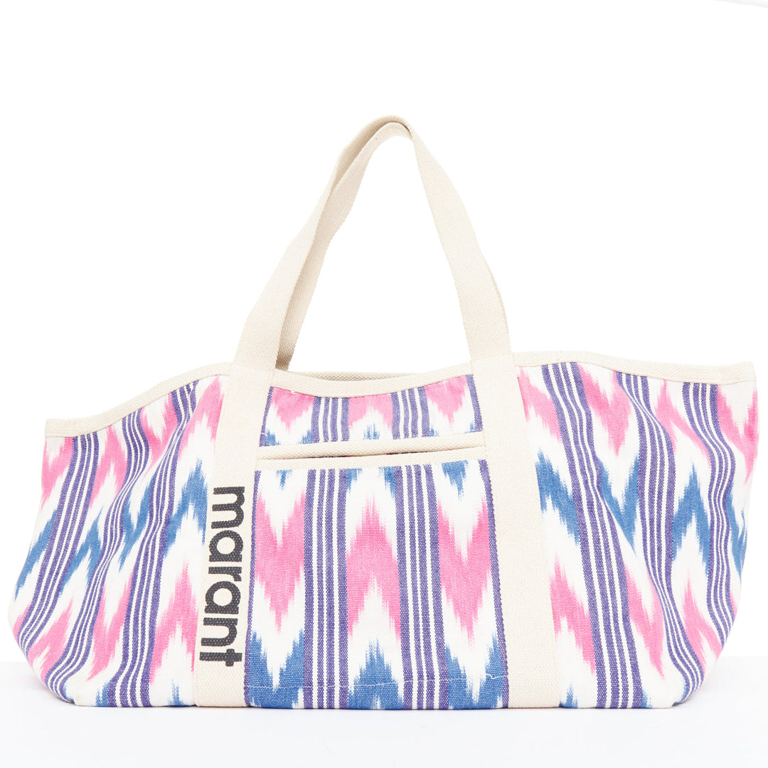 ISABEL MARANT Darwen creIkat print ecru pink blue graphic canvas logo tote bag