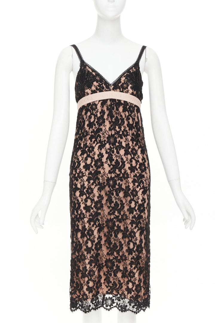 GUCCI 2021 Aria black floral lace logo jacquard lingerie cocktail dress IT36 XXS