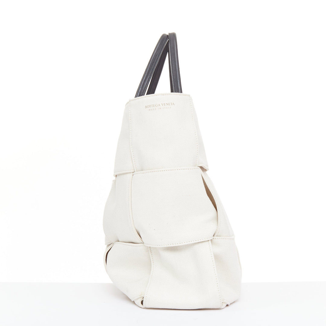 BOTTEGA VENETA Large Arco Intrecciato weave off white canvas black leather tote