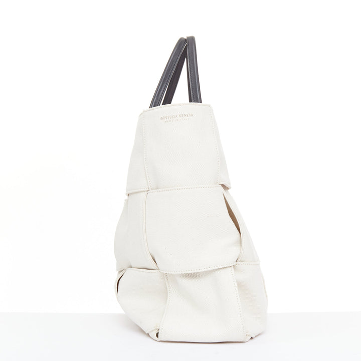 BOTTEGA VENETA Large Arco Intrecciato weave off white canvas black leather tote