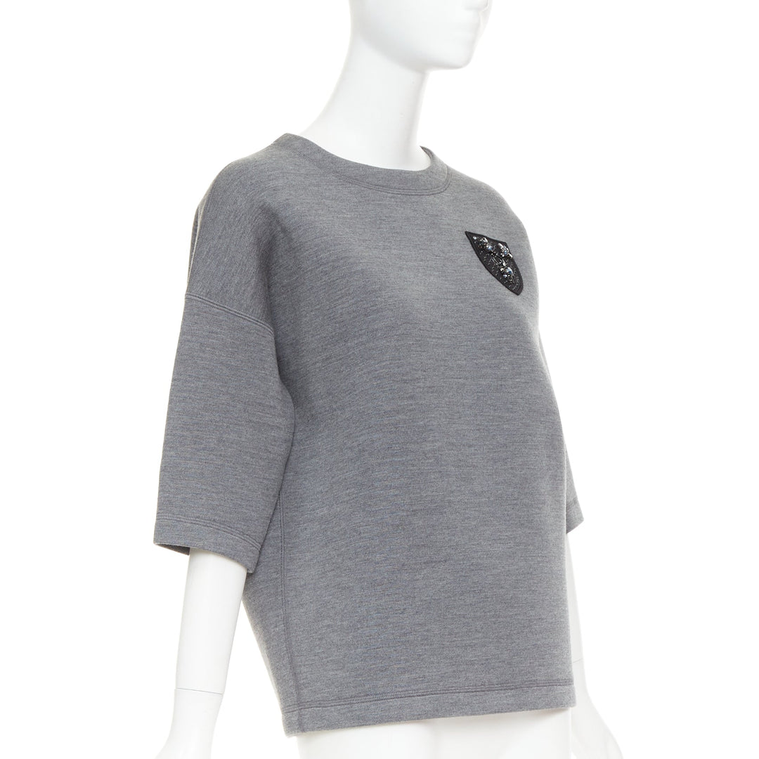 DIOR 2017 grey wool blend black crystal embellished crest sweatshirt FR34 XS