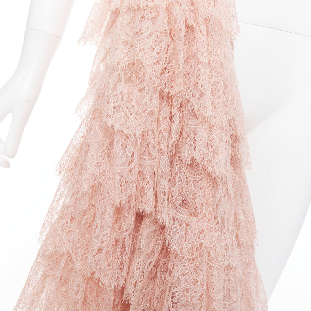 ALEXANDER MCQUEEN 2007 Runway pink lace leather cascade drape ruffle top IT38 XS