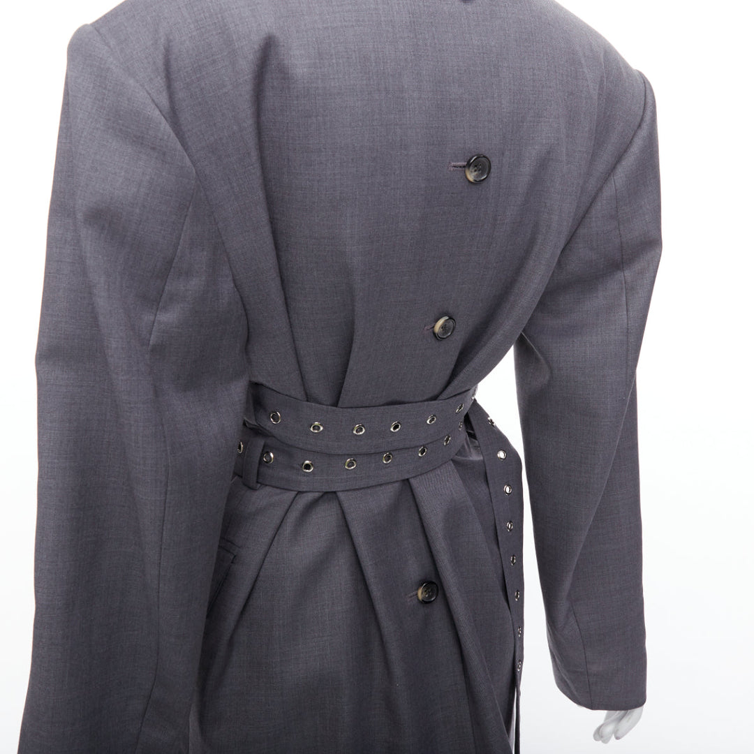 ROHK grey wool blend grommet double belted shoulder pad blazer FR36 S