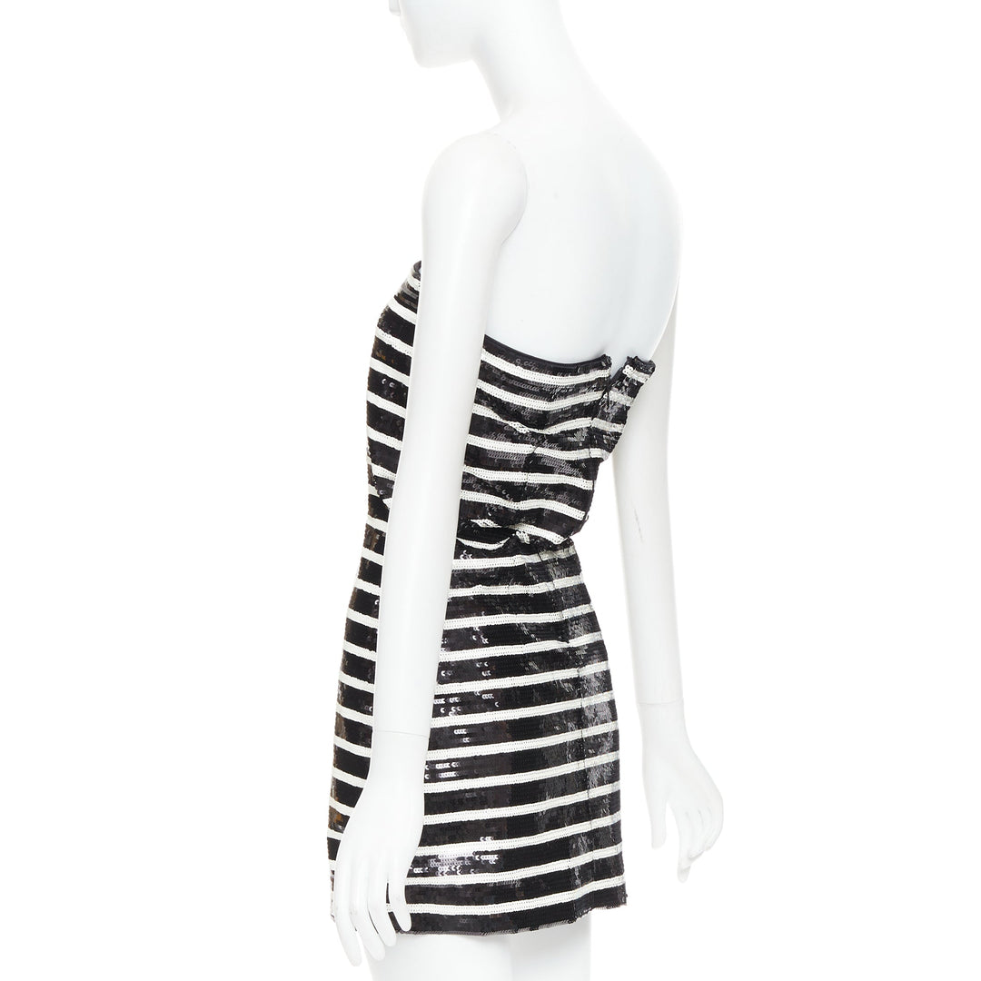 VERONICA BEARD Cala black white striped sequin strapless corseted dress US0 XS