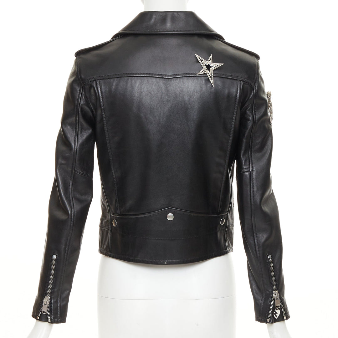 SAINT LAURENT 2017 Pearl Heart embellished black lambskin biker jacket S