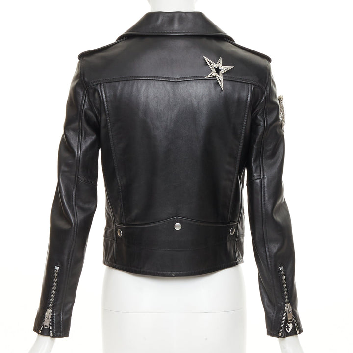 SAINT LAURENT 2017 Pearl Heart embellished black lambskin biker jacket S