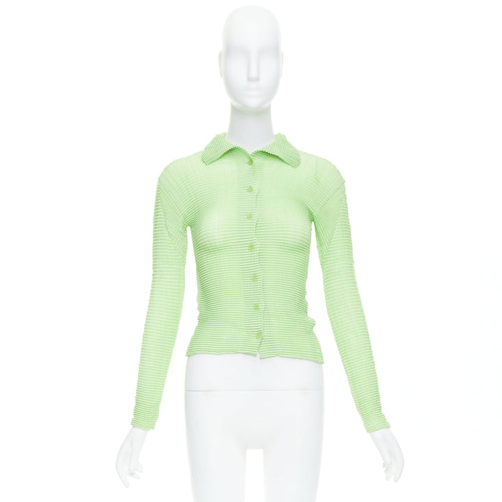 ISSEY MIYAKE lime green crinkle pleated button down top cardigan M