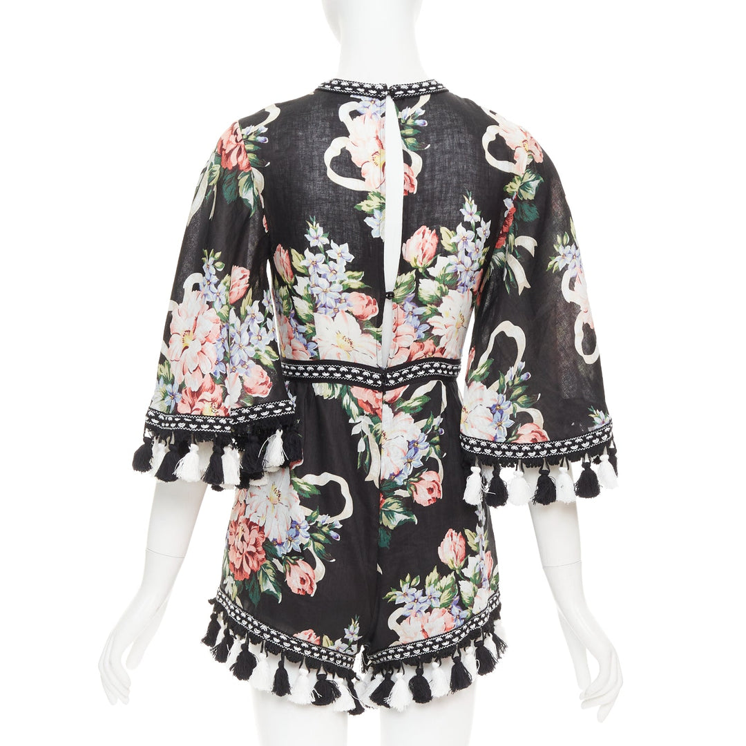 ALICE MCCALL Magic Moment black 100% linen floral fringed trim playsuit UK6 XS