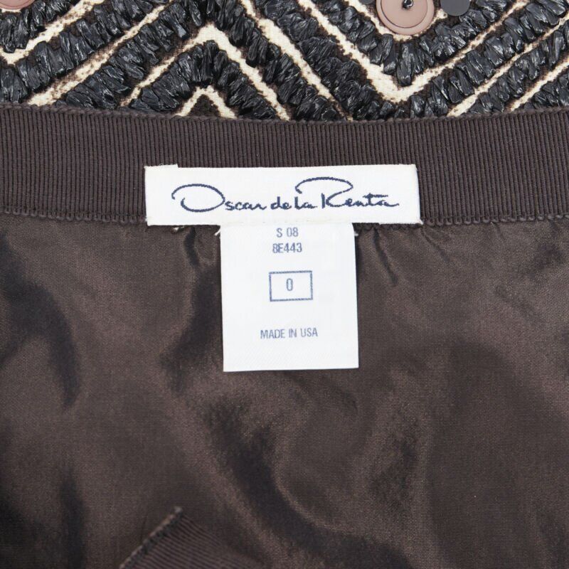 OSCAR DE LA RENTA 2008 brown raffia sequins embellished jacquard skirt US0 24"
