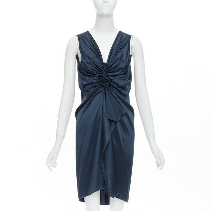 LANVIN 2007  Alber Elbaz  midnight blue silk gathered ruched draped dress FR38 M