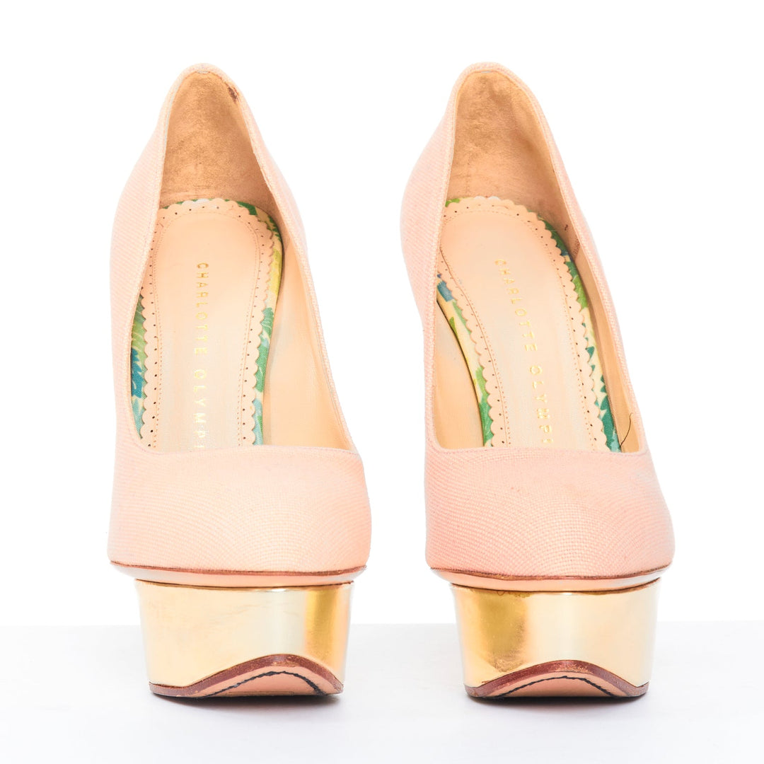 CHARLOTTE OLYMPIA Dolly beige canvas gold island metallic platform pumps EU36