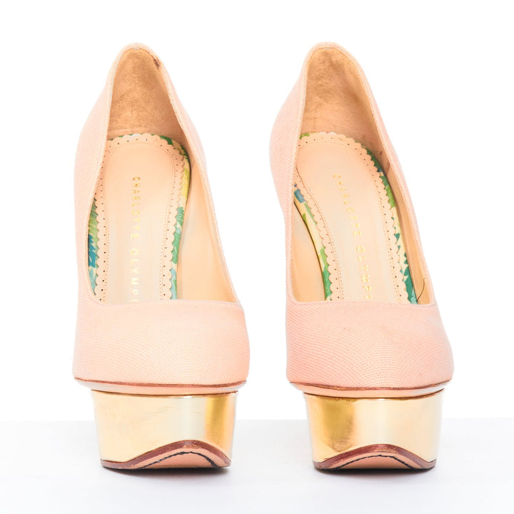 CHARLOTTE OLYMPIA Dolly beige canvas gold island metallic platform pumps EU36