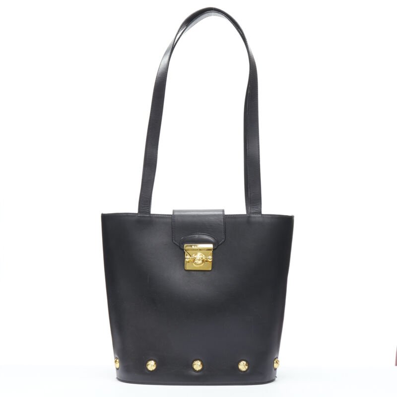 vintage SALVATORE FERRAGAMO black smooth leather gold clasp lock shoulder bag