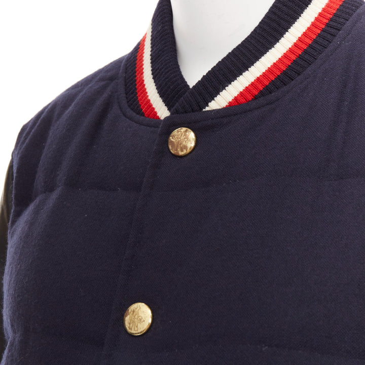 MONCLER GAMME BLEU navy wool leather sleeves goose down bomber jacket Sz2 M
